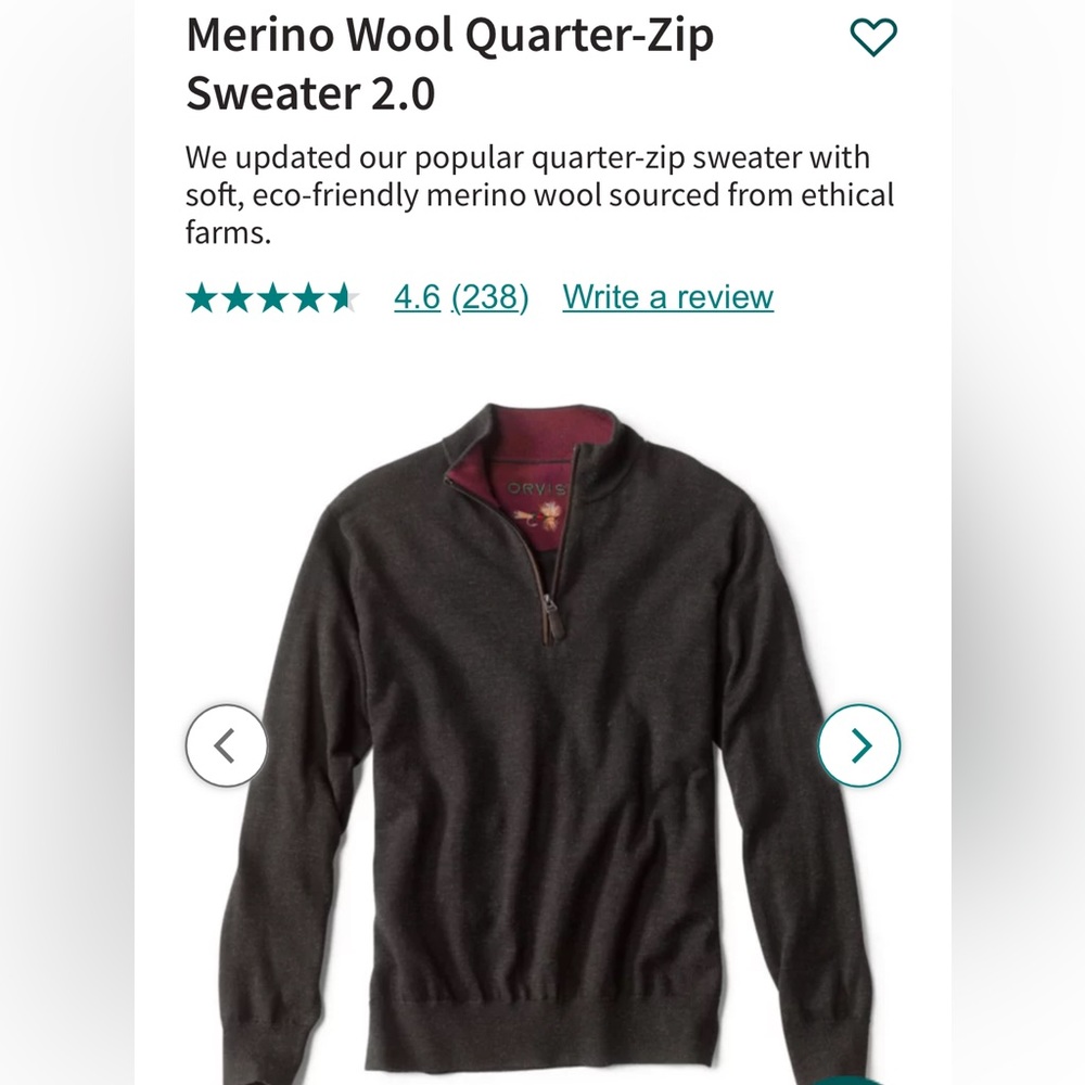 Orvis Merino Wool Quarter Zip Sweater